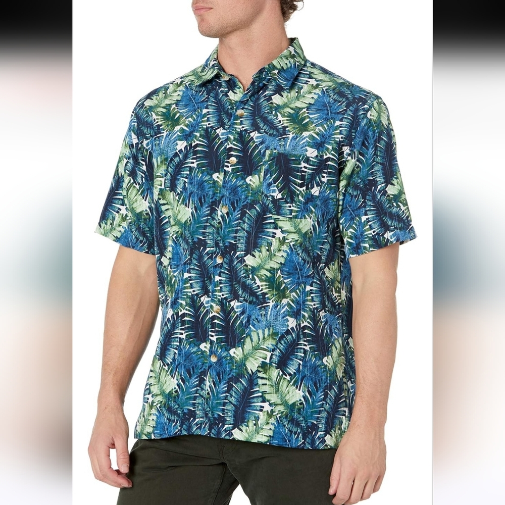 Van Heusen Air Hawaiian Button Down Aloha Camp Shirt Pocket Tropical Leaf M
